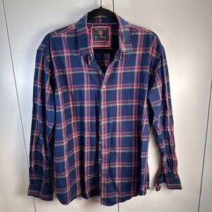 Brook Taverner Luxury Men XL Plaid Long Sleeve Button Down Pure Cotton Navy Pink
